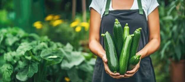 신선하게 뽑은 zucchinis와 함께 농부 손은 유기농에서 성공적인 수확을 상징하며 식사에 건강하고 영양있는 추가를 제공합니다.