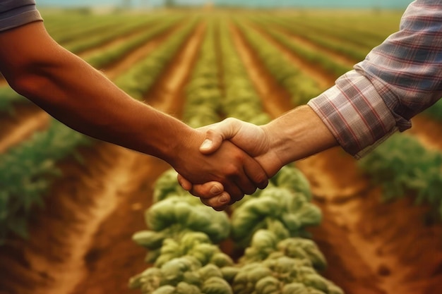 Photo farmers handshake against backdrop of unfocused vegetable farm closeup generative ai