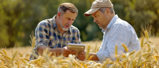 Foto agricoltori che ispezionano le colture di grano in un campo