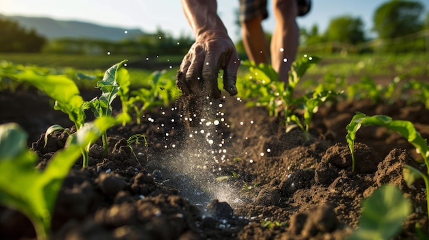 Photo farmers manually spread fertilizer