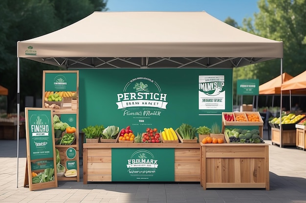 Farmers Market Branding Showcase Voeg het logo toe aan de banners van de stands van de verkopers en de promotie-ma