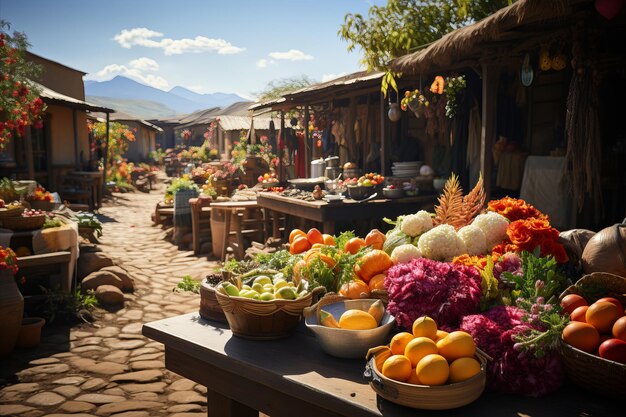 Фермерский рынок Красочная и разнообразная рыночная сцена со свежей зеленью и овощами на стенде