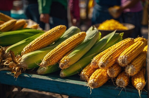 A farmers market stall selling fresh corn