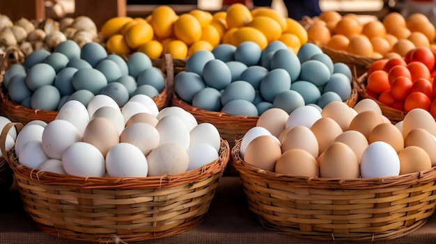 農家 の 市場 の スタンド で,新鮮 な 農場 の 卵 の 色々 な 種類 が 展示 さ れ て い ます