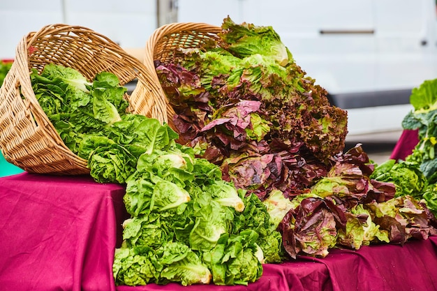 Стол на рынке фермеров с магента-столком с ярусами, содержащими корзины с салатами и капустой