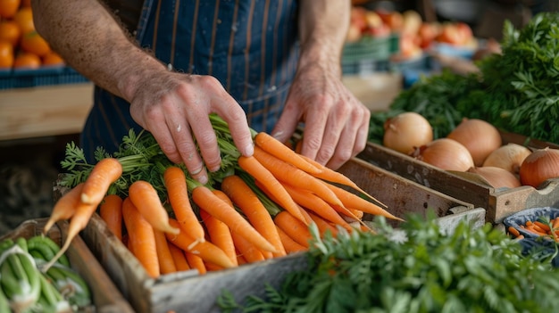 Farmers market with hands selecting fresh carrots from a vegetable stall