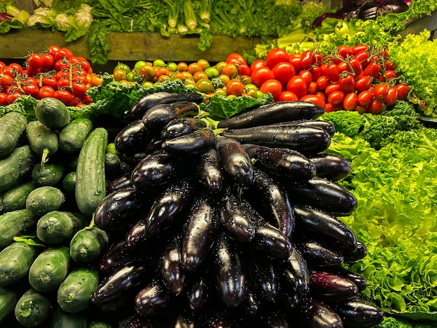 Farmers market with raw vegetables Closeup