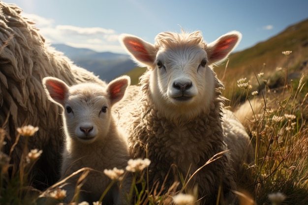 農場で喜んで羊を飼う農家市場で羊の毛を剃って売る幸せな羊の農場のシーン