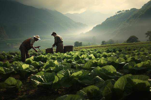 Farmers tending crops