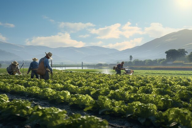 Farmers tending crops