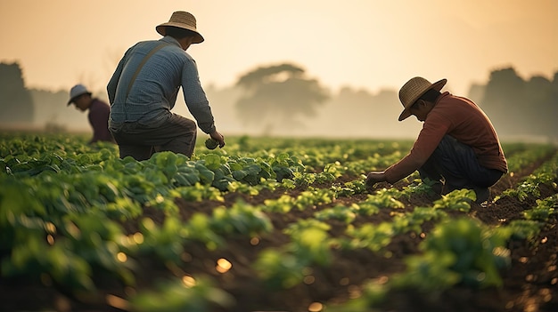 Farmers tending to their crops in a rural field