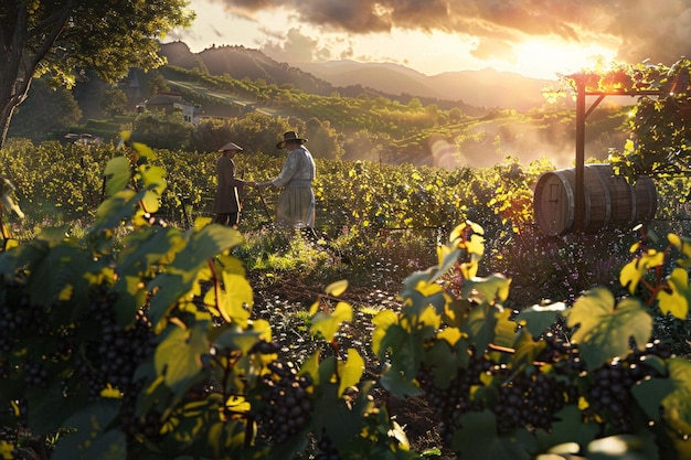 Farmers tending vineyards octane render k UHD ar