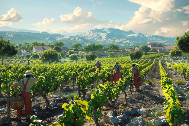 Farmers tending vineyards octane render k UHD ar