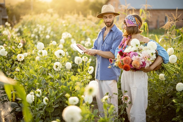 Farmers work on flower farm outdoors