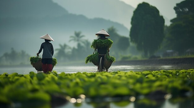 Farmers working in the rice fields