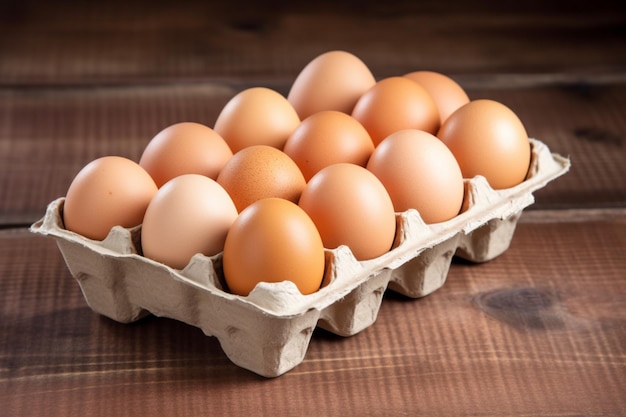질감이 있는 나무 배경에 있는 공장 포장의 Farmfresh 갈색 계란