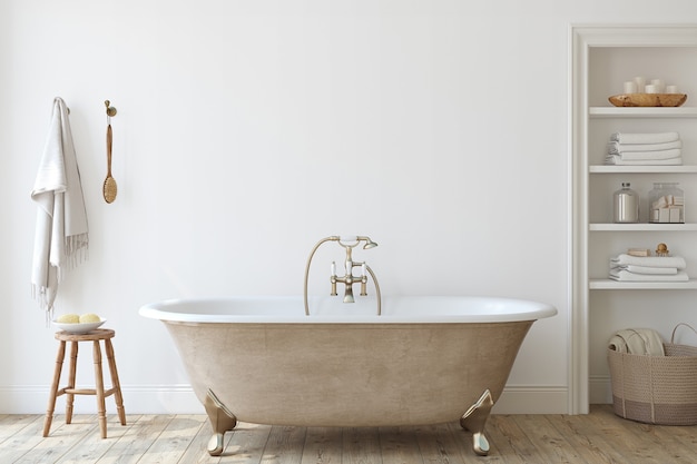 Farmhouse bathroom . Interior mockup. 3d render.