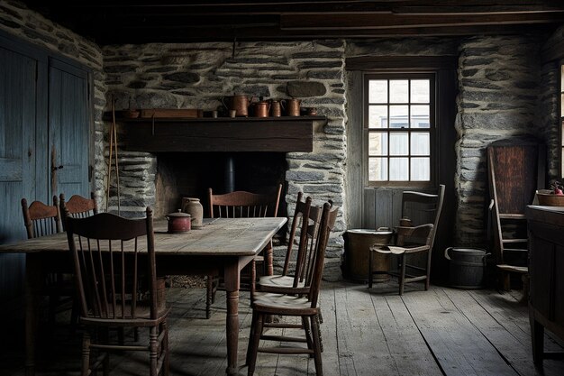 Photo farmhouse dining room with rustic table and chairs