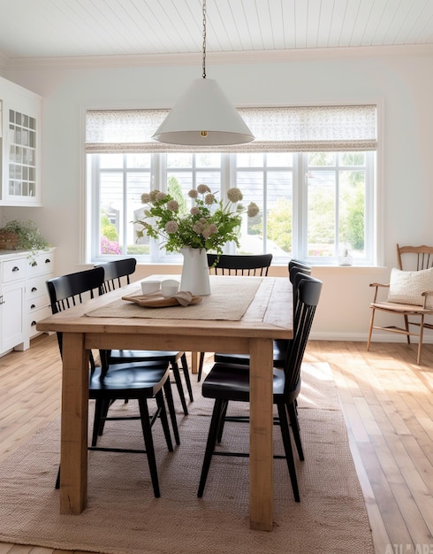 Farmhouse Dining Room With White Walls and Black Chairs