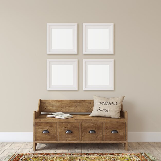 Farmhouse Entryway With Wooden Bench Near White Wall