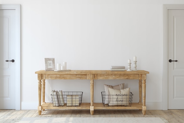 Farmhouse Entryway. Wooden Console Table Near White  Wall. Interior Mockup. 3d Render.