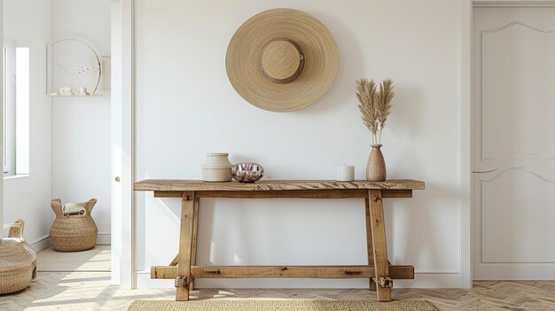 Farmhouse entryway Wooden console table near white wall Interior mockup Generative Ai