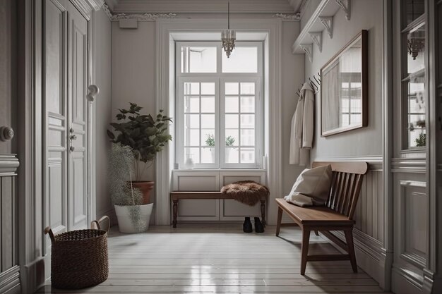 Farmhouse hallway all white project Coat rack with wooden bench glass front door vintage style decor