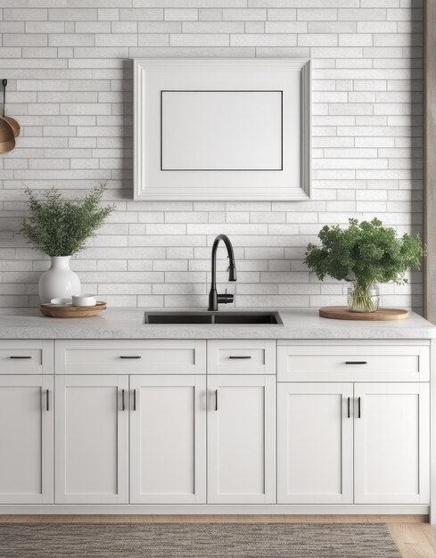 Photo farmhouse kitchen interior 3d rendered white frame mockup