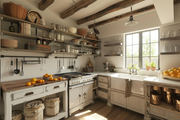 Photo farmhouse kitchen with apron sink and open shelvin