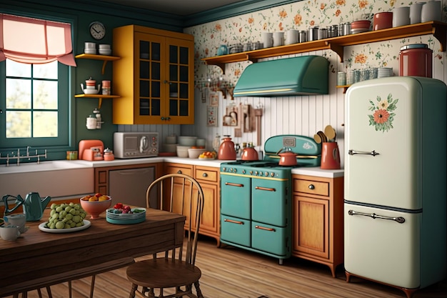 Farmhouse kitchen with classic wooden cabinets vintage appliances and colorful dishes and cookware