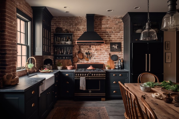 Farmhouse kitchen with stone countertops and vintage appliances set against brick walls