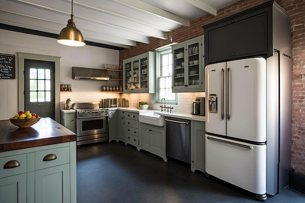 Farmhouse kitchen with vintage appliances and modern touches such as sleek countertops