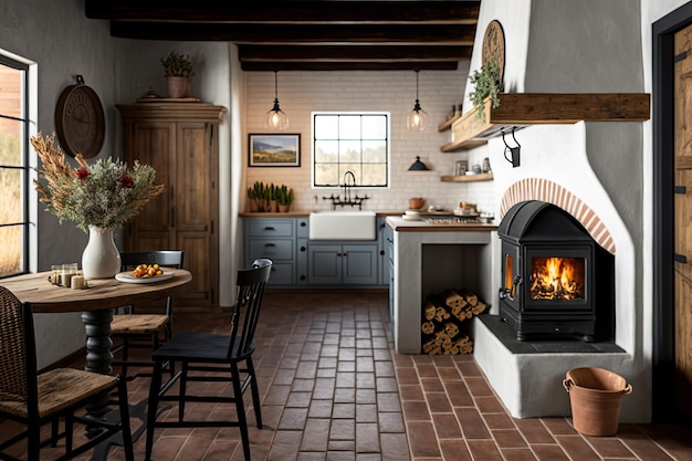 Farmhouse kitchen with wooden floors cozy fireplace and harvestinspired decor