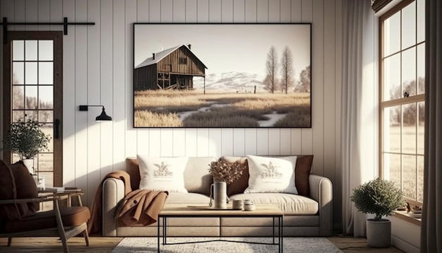 Farmhouse living room interior background wall mockup