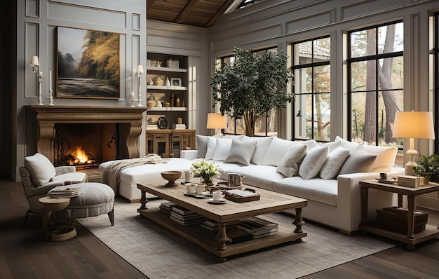 Farmhouse Living Room Interior Design White and Grey Elegance