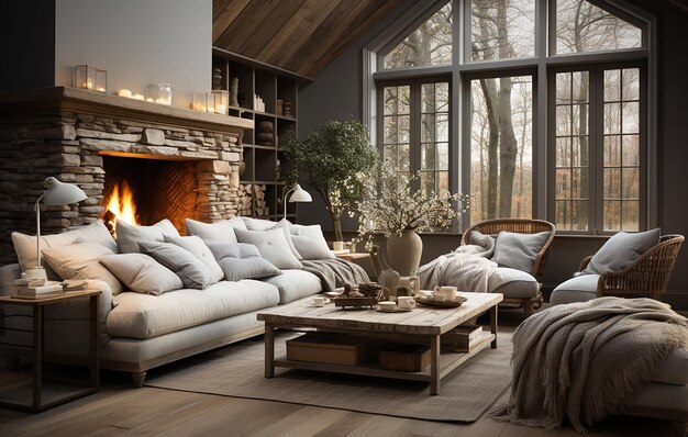 Farmhouse Living Room Interior Design White and Grey Elegance