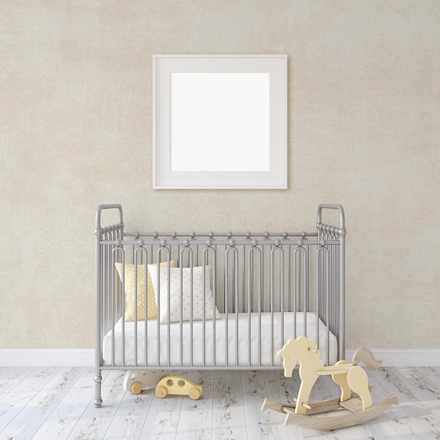 사진 흰 벽에 가까운 농가 보육 회색 금속 유아용 침대 벽에 사각형 흰색 프레임 내부 및 프레임 모형 3d 렌더링