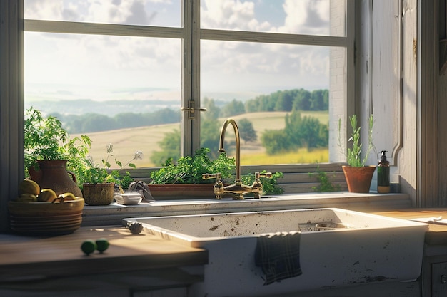 Photo farmhouse sink with a countryside view