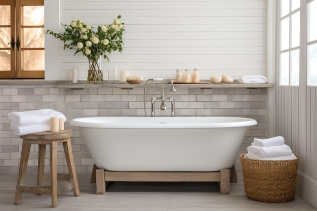 Farmhouse style bathroom with clawfoot tub decorated with Subway tiles