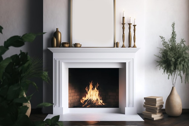 A farmhouse style fireplace is in the room a canvas mockup