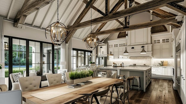 Farmhouse Style Luxury Home with Elegant Pendant Light Fixtures and Open Concept Floor AI Generative