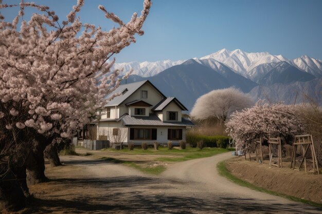 Farmhouse surrounded by blooming cherry blossoms with a mountain range in the background