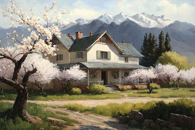 Farmhouse surrounded by blooming cherry orchards with mountains in the background