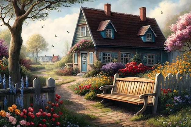 Farmhouse surrounded by blooming flower gardens with a wooden bench for enjoying the view