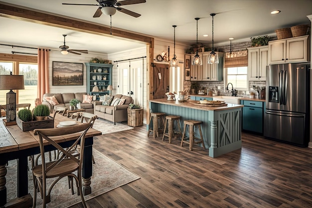 Farmhouse with open floor plan warm colors and vintage decor