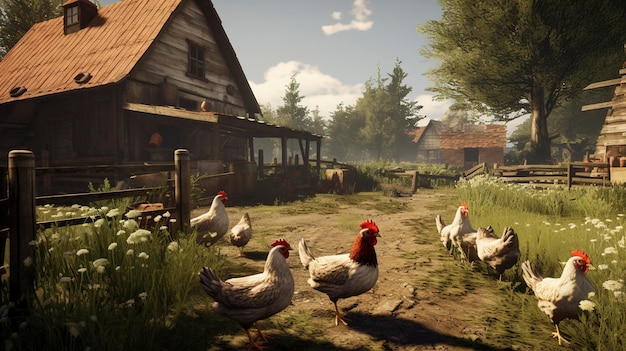 A farmhouse with a rustic chicken coop and free range chickens