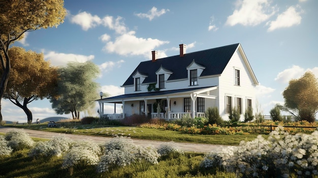 A farmhouse with a white exterior and black shutters