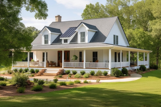 Farmhouse with wraparound porch rocking chairs and garden