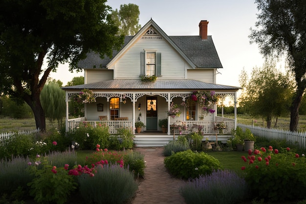 Farmhouse with wraparound porch surrounded by blooming flowerbeds