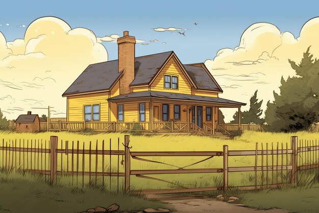 Photo farmhouse with a yellow gabled entry and a wooden fence magazine style illustration